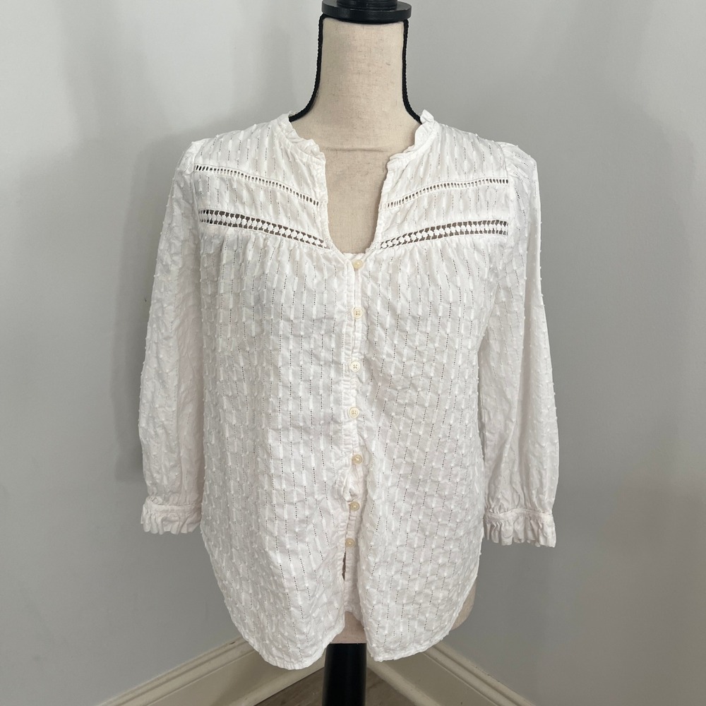 Long Sleeve Romantic Blouse XS White Swiss Dot Crochet Trim Ruffled Collar Boho